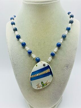Handcrafted Blue Ceramic Pendant Necklace with Clear and Blue Beads. 23 inches